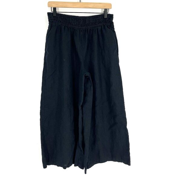 Anthropologie Pants Size Medium Black Somerset Pull On Wide Leg Linen Smocked - Picture 1 of 9